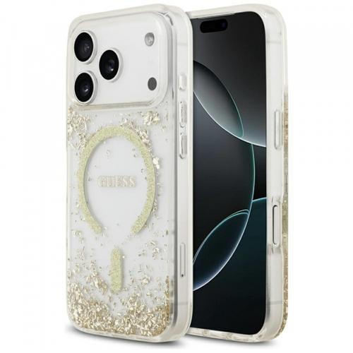 Husa MagSafe pentru Apple iPhone 17 Pro, Guess, Resin Bottom Glitter, Aurie