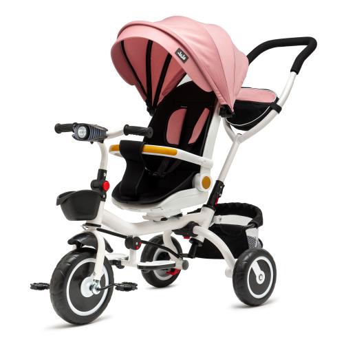 Tricicleta  3 in 1 Juju Bliss Ride, Pozitie de Somn, Reversibila, Far luminos, Muzica, Cos Depozitare, Gentuta, Protectie Raze UV, Cauciucuri Spuma EVA, Greutate Maxima Admisa 25kg, Roz