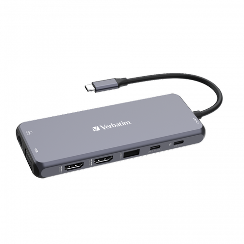 ​Hub USB Verbatim USB-C Pro Multiport 14-în-1, 2x HDMI (4K@60Hz, 4K@30Hz), 1x VGA (1080p), 1x RJ45 Gigabit Ethernet, 3x USB-A 3.2 Gen1, 2x USB-A 2.0, 1x USB-C 3.2 Gen1, 1x USB-C PD 100W, Cititor SD/microSD, Jack Audio 3,5 mm (Gri)​
