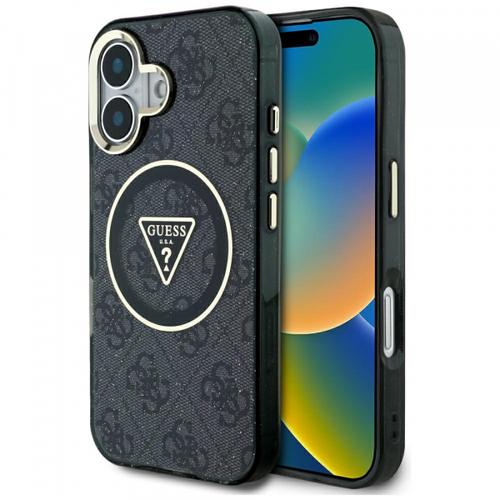 Husa MagSafe pentru Apple iPhone 16, Guess, IML Glitter 4G Circle Triangle, Neagra