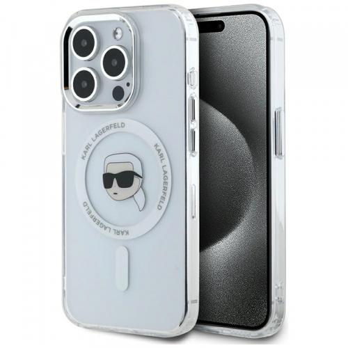 Husa MagSafe pentru Apple iPhone 15 Pro, Karl Lagerfeld, IML Metal Karl's Head, Alba