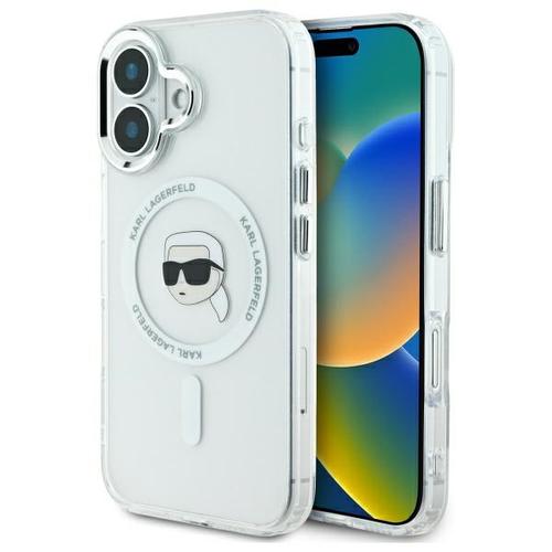 Husa MagSafe pentru Apple iPhone 16, Karl Lagerfeld, IML Metal Karl's Head, Alba