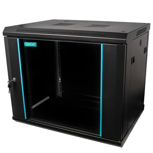 Cabinet cu fixare pe perete Spacer SPCW-9U-450-BK-03, 9U, 19inch, Flatpack (dezasamblat), usa sticla cu blocare, panouri detasabile, otel 1.5mm, sarcina maxima 60Kg (Negru)