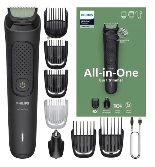 Trimmer multifunctional Philips All-in-One 3000 MG3940/15, set 8 in 1, barba, par, corp, nas si urechi, 0.5-16 mm, Autonomie 70 min, USB-A (Negru)