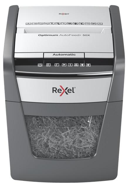Distrugator documente si carduri automat Rexel Optimum AutoFeed+ 50X RX-2020050XEU, P4, Cross-cut, 50 Coli, Cos 20 L (Negru)