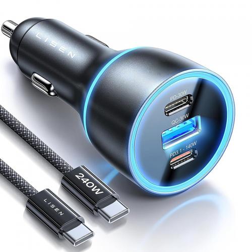 Incarcator auto Lisen, 170W, 1 x USB-A, 2 x USB-C (Negru)