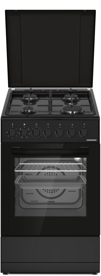 Aragaz mixt HEINNER HFSC-S60LITGC-BK, Gaz, 4 arzatoare, Aprindere electrica plita, Cuptor electric, Clasa A, 6 functii, Grill, Ventilatie, Lumina cuptor (Negru)