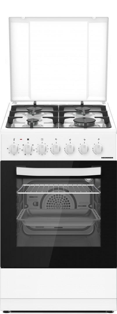 Aragaz mixt HEINNER HFSC-S65MIXF-WH, Gaz, 4 arzatoare, Aprindere electrica plita, Cuptor electric, Clasa A, 6 functii, Timer, Grill, Lumina cuptor, Sertar inferior vase (Alb)