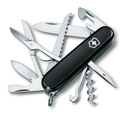 Briceag multifunctional Victorinox Huntsman Swiss Army Knife, 15 functii, Lama mica/mare, Tirbuson, Alezor, Perforator si punte de cusut, Foarfece, Ferastrau, Carlig, Breloc, Penseta, Surubelnita (Negru)
