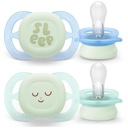 Set 2 suzete Philips Avent Ultra Start SCF075/18, ortodontice, fara BPA, 0-2 luni, pentru noapte, cu buton fosforescent, Verde/Albastru
