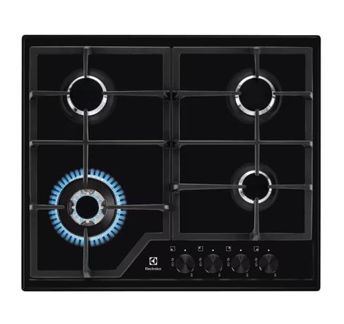 Plita incorporabila Electrolux KGS6436K, Gaz, 60 cm, 4 arzatoare gaz, Arzator Wok, Aprindere electrica integrata, Control cu butoane frontal, Dispozitiv siguranta, Gratare de fonta (Negru)