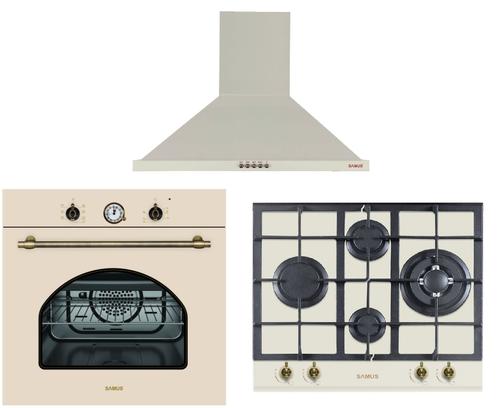 Pachet Samus Cuptor incorporabil Samus SC620VTV, Electric 58 L + Plita incorporabila Samus PSG-64VG1, Gaz, 4 arzatoare, Arzator WOK, Aprindere electrica + Hota decorativa Samus HS604DHR, 400 m3/h, 166 W, 60 cm latime (Bej)