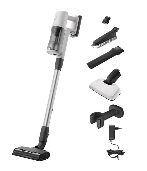 Aspirator vertical Electrolux Seria 600 EP61HB21UV, 21,6V, 2500 mAh, Recipient 0,5l, tub inox, perie PowerPro multisuprafete cu LED, duza BedPro cu lumina UV, 79 dB, Autonomie max 50 minute (Alb)