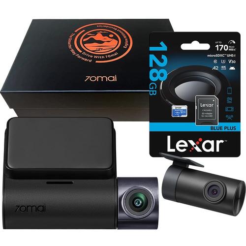 Set Camera video auto 70Mai Dash Cam A410 + Camera spate RC21 + Card de memorie Lexar 128GB, 2.5K 1440P, Ecran 2inch, 30FPS, Unghi de filmare 125 grade, GPS (Negru)