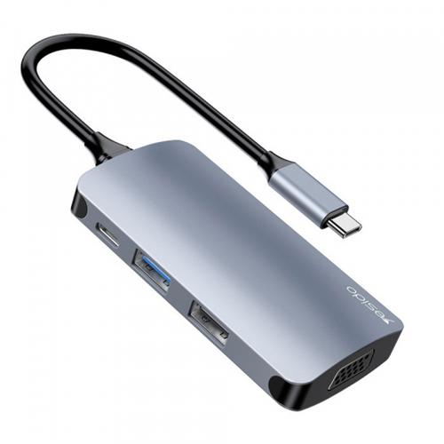 Hub USB-C Yesido HB16, 7in1, 1x USB3.0, 2x USB2.0, 1x Type-C PD, 1x TF Card (MicroSD), 1x SD Card, 1x VGA (Gri)