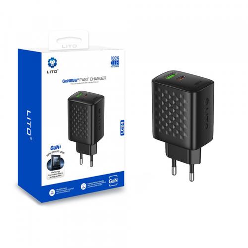 Incarcator Retea Lito LC24, 65W, 3.25A, 1 x USB-A - 1 x USB-C (Negru)