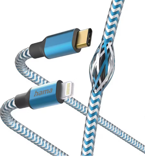 Cablu de date Hama Reflective, USB-C - Lightning, 1.5 m (Albastru/Alb)