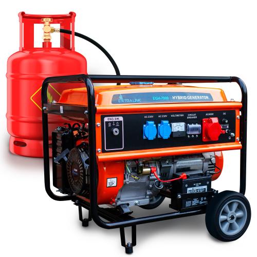 Generator curent hibrid, Extralink EGH-7000, 7kW, trifazat, CNG/LPG/benzina, Easy Start, bobinaj 100% cupru, protectie nivel scazut ulei, autonomie 11h