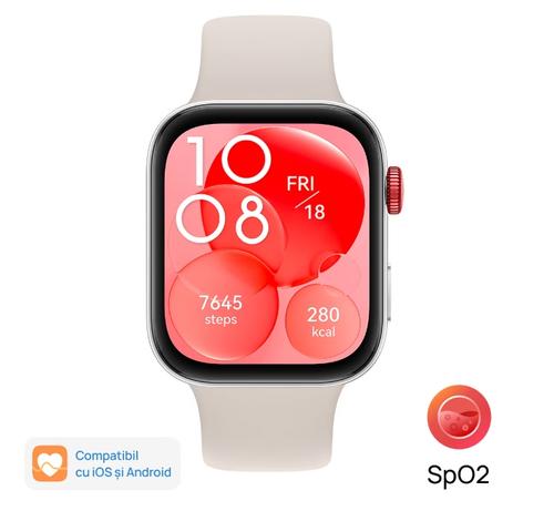 Smartwatch Huawei Watch Fit 3, Bluetooth, GPS, Ecran AMOLED 1.82inch, 100+ Moduri Sport, Monitorizare somn, ritm cardiac, Waterproof 5 ATM (Argintiu/Alb)