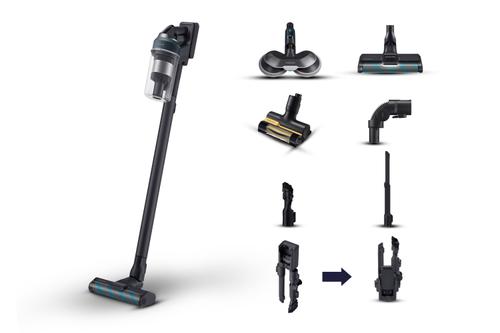 Aspirator vertical Samsung Jet 85 Premium VS20C852FTB/WA, 0.8L, 25.2V, 580W, Digital Inverter, Perie Slim LED pentru parchet, Perie Mop, Perie Pet, 60 min autonomie (Negru/Albastru)