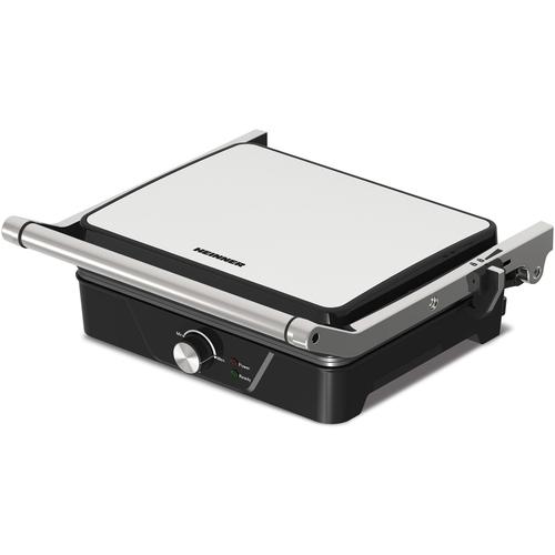 Grill electric Heinner GrillChef HEG-K2000CP, 2000 W, Placi fixe cu invelis antiaderent, Temperatura reglabila, maner rece, Indicatoare luminoase, Tava pentru colectare ulei (Negru/Argintiu)
