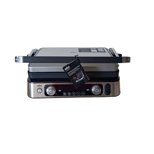 Gratar electric Braun MultiGrill 9 Pro CG9160, 2200 W, 3 moduri de gatire, 2 zone de gatit, 3 programe automate, sonda termica, 1 set placi detasabile, deschidere 180°, functie Sear, tava scurgere detasabila (Argintiu)