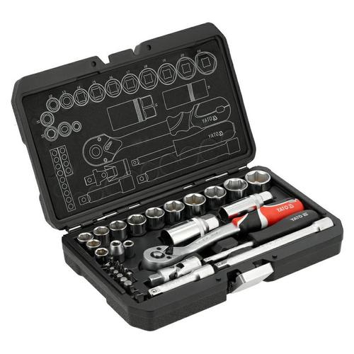 Set unelte YATO YT-38700, 34 piese 1/4inch / 3/8inch, din otel CrV, 72 dinti, cu valiza de transport