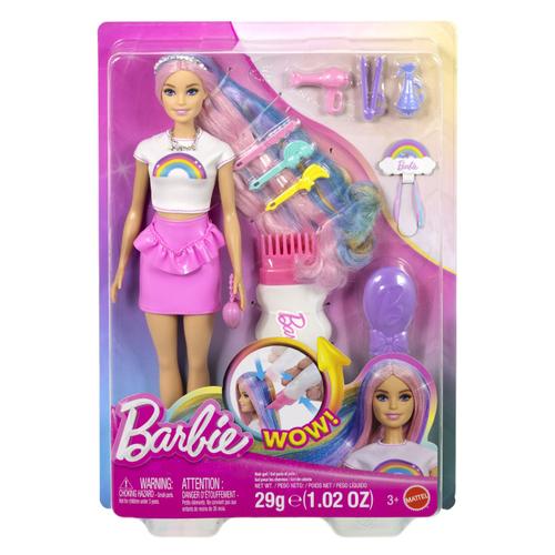 Set de joaca Barbie cu par stralucitor curcubeu si accesorii