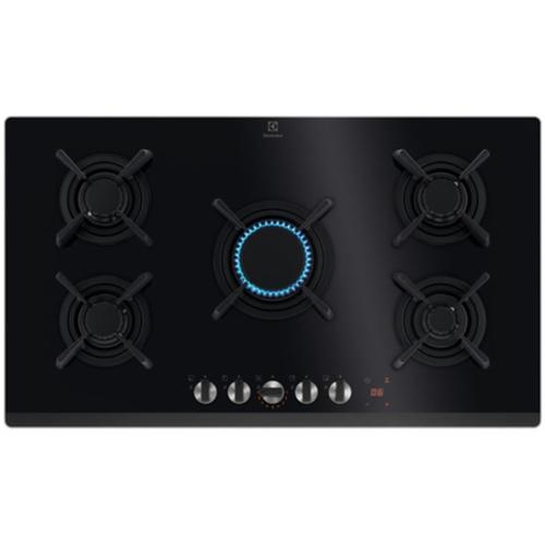 Plita incorporabila Electrolux KGG953753K, Gaz, 5 arzatoare, Aprindere electrica, Gratare fonta, Timer electronic, Conectivitate hota, 90 cm (Negru)