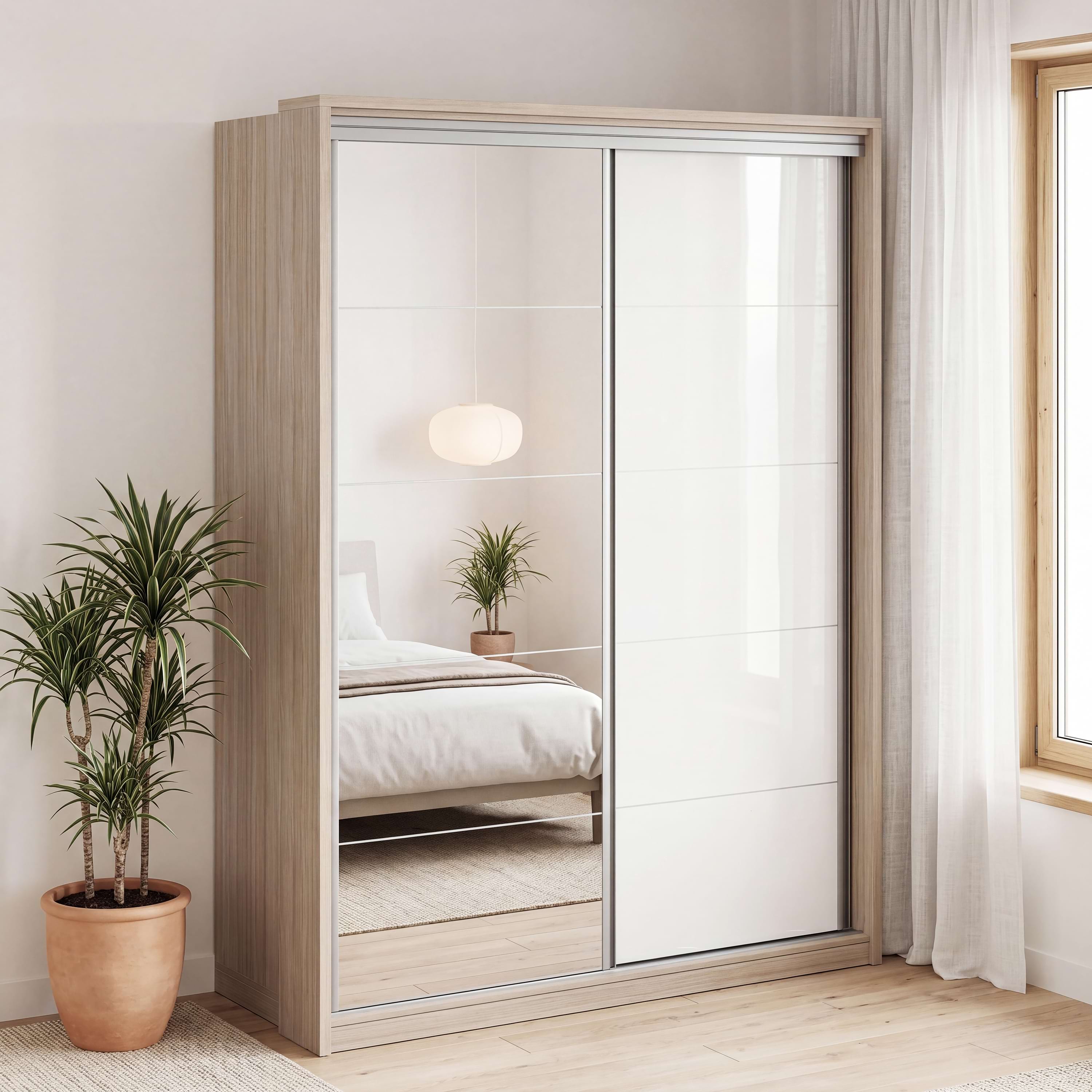 Dulap usi glisante cu oglinda PRIMAVERA MDF Alb lucios