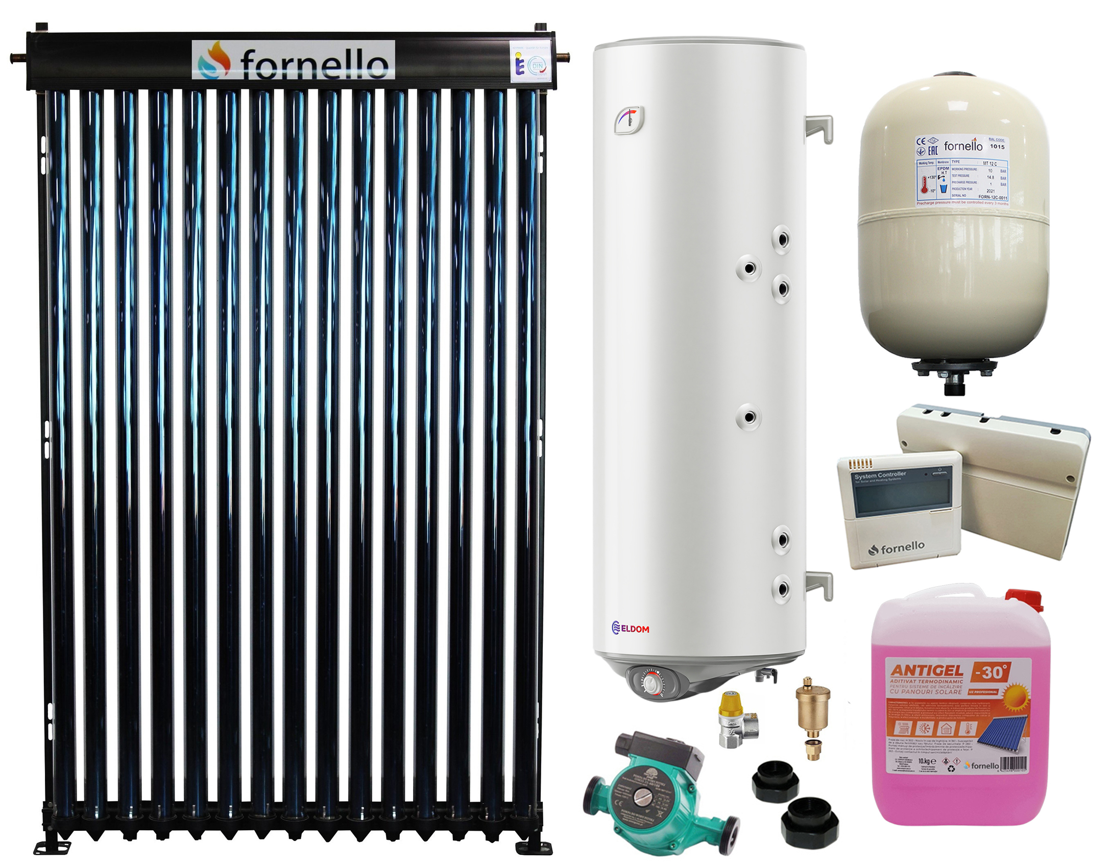 Sistem solar presurizat, panou Fornello 15 Tuburi Heat Pipe, boiler cu 2 serpentine si rezistenta electrica Eldom 150 litri, pompa 25-60, controller, vas expansiune, antigel, supapa 1/2, aerisitor 1/2