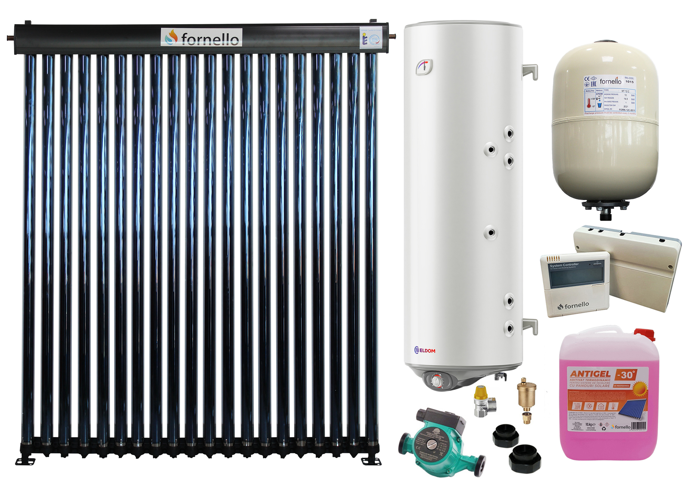 Sistem solar presurizat, panou Fornello 20 Tuburi Heat Pipe, boiler cu 2 serpentine si rezistenta electrica Eldom 150 litri, pompa 25-60, controller, vas expansiune, antigel, supapa 1/2, aerisitor 1/2