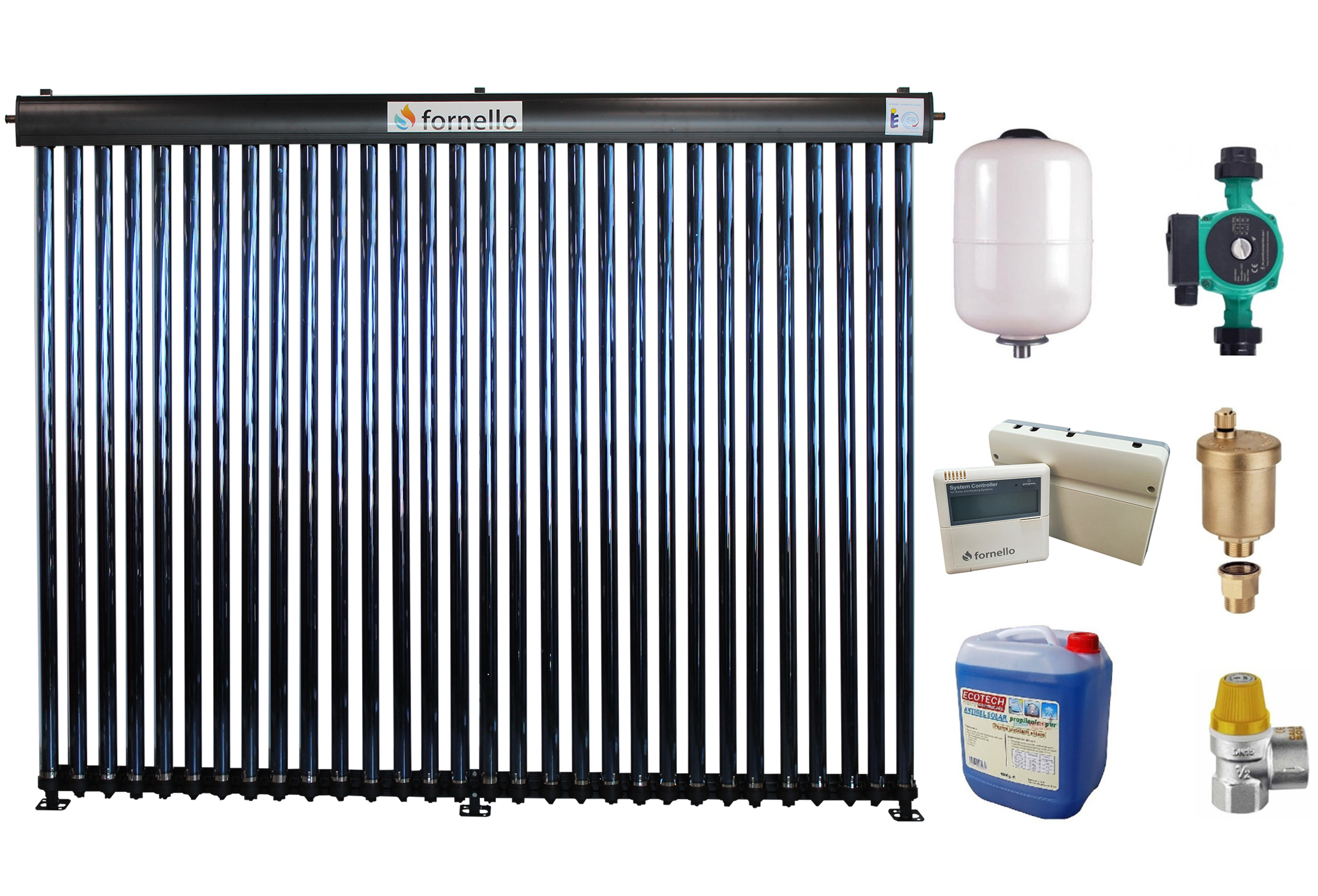 Sistem solar presurizat, panou Fornello 30 Tuburi Heat Pipe, pompa 25-60, controller, vas expansiune, antigel, supapa 1/2, aerisitor 1/2
