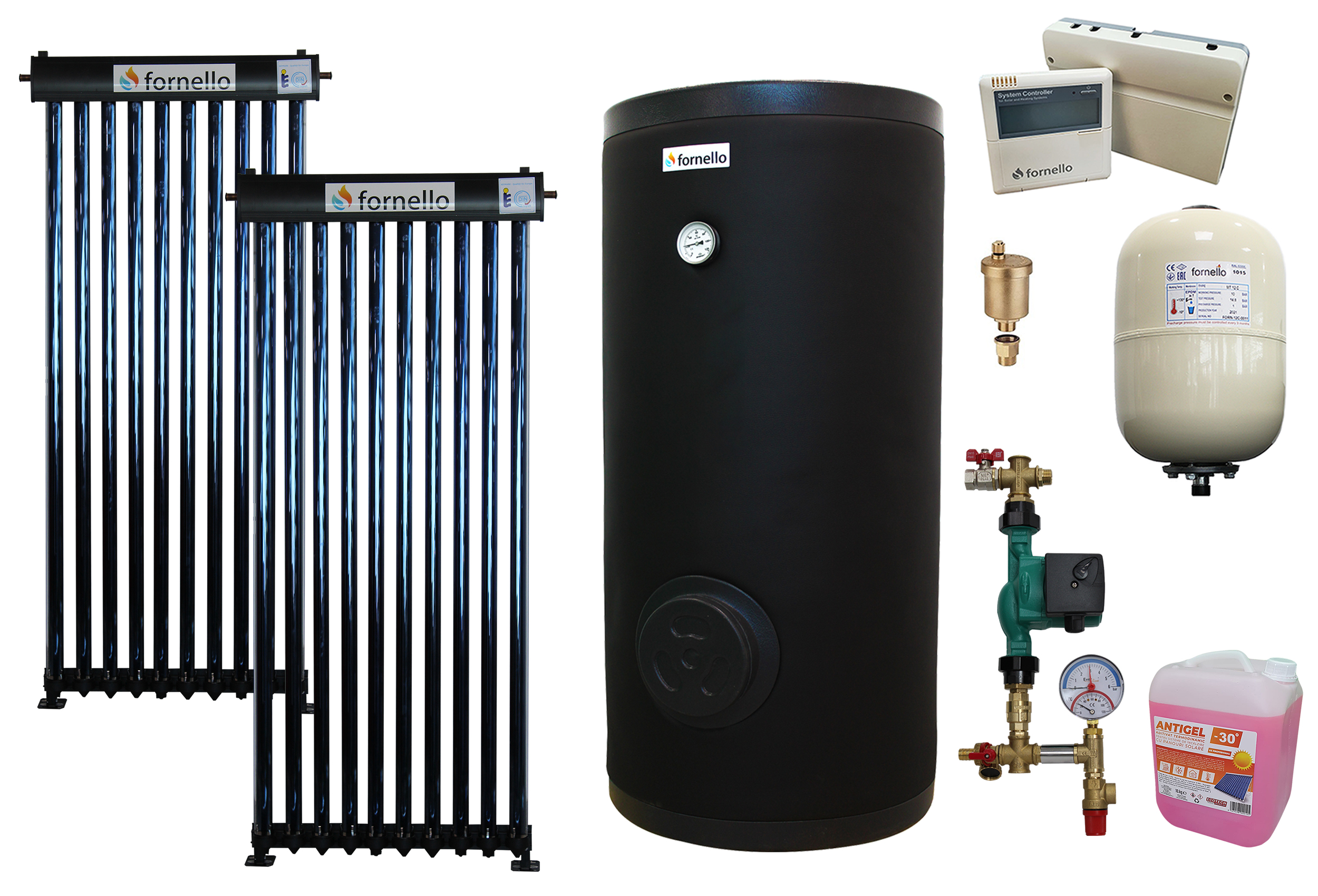 Pachet sistem solar presurizat, panou Fornello 20 Tuburi Heat Pipe, Boiler cu 2 serpentine Fornello SOL 200 LT 2S, controller, vas expansiune, grup pompare, aerisitor 1/2, antigel