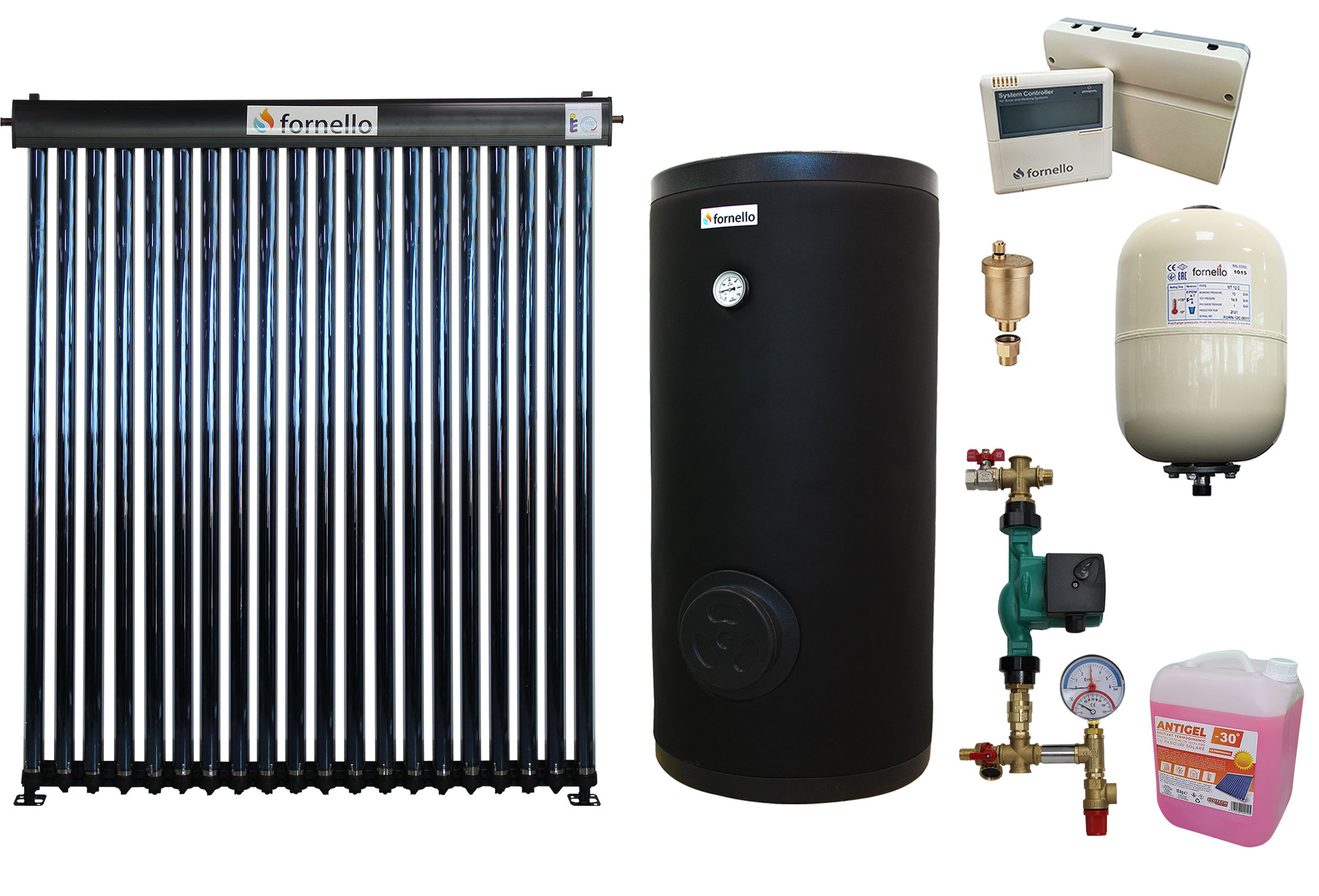 Pachet sistem solar presurizat, panou Fornello 20 Tuburi Heat Pipe, Boiler Fornello SOL 200 LT 2S, controller, vas expansiune, grup pompare, aerisitor 1/2, antigel