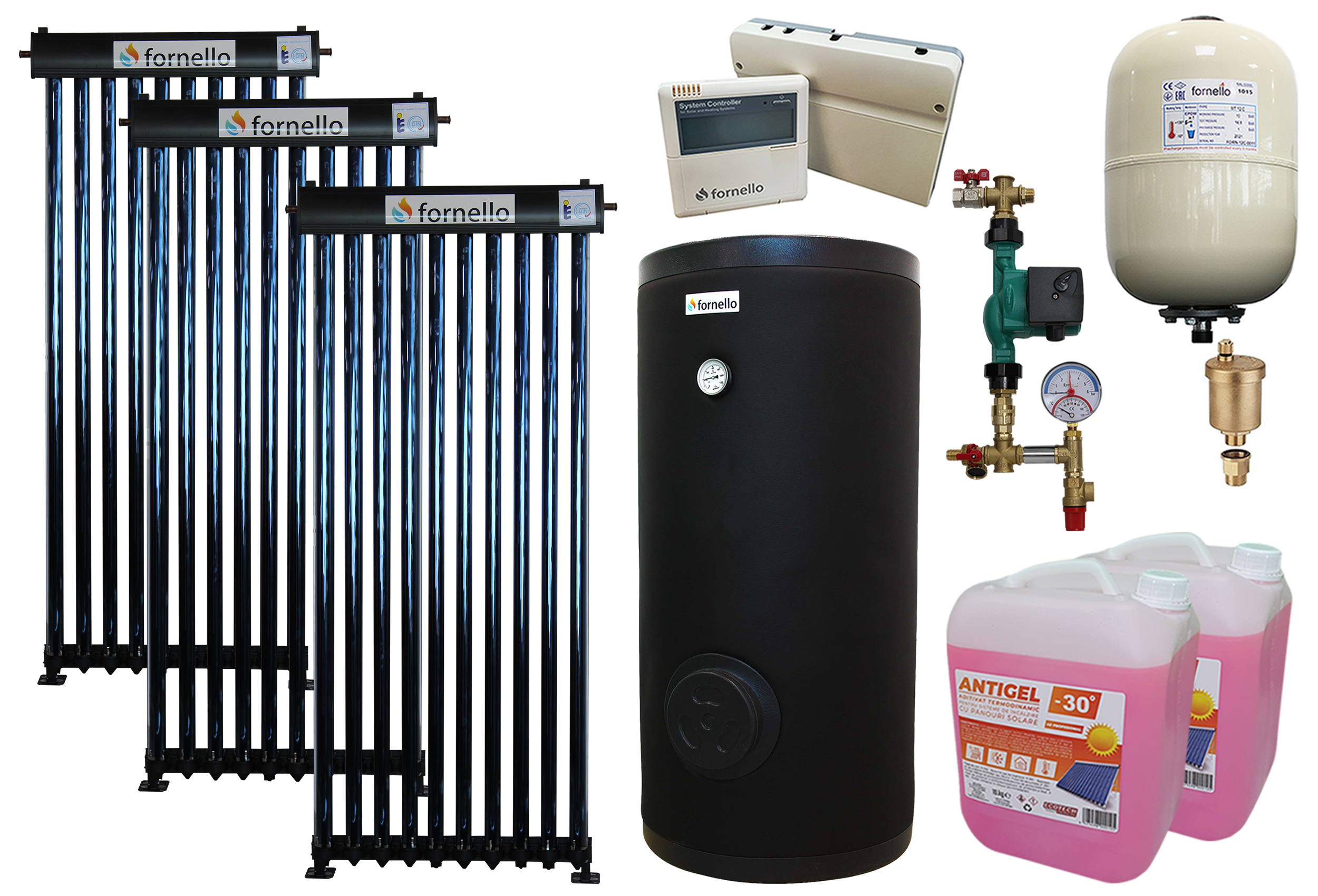 Pachet sistem solar presurizat, panou Fornello 30 Tuburi Heat Pipe, Boiler cu 2 serpentine Fornello SOL 300 LT 2S, controller, vas expansiune, grup pompare, aerisitor 1/2, antigel