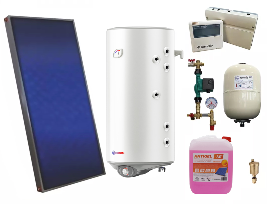 Pachet sistem solar presurizat, panou solar plan Sunsystem PК SL FP 2.0, Boiler cu 2 serpentine Eldom 100 l 2S, controller, vas expansiune, grup pompare, aerisitor 1/2, antigel