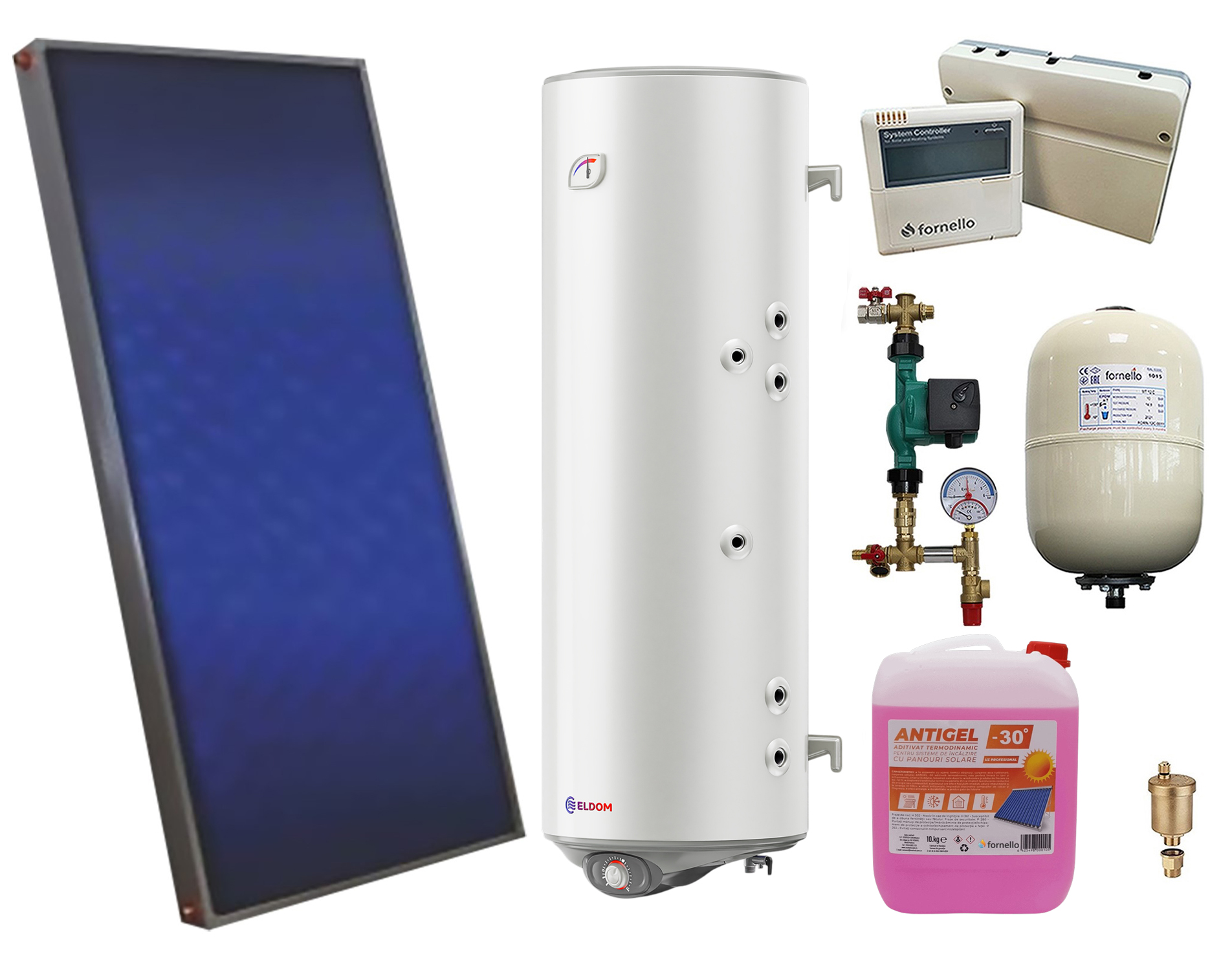 Pachet sistem solar presurizat, panou solar plan Sunsystem PК SL FP 2.0, Boiler cu 2 serpentine Eldom 150 l 2S, controller, vas expansiune, grup pompare, aerisitor 1/2, antigel