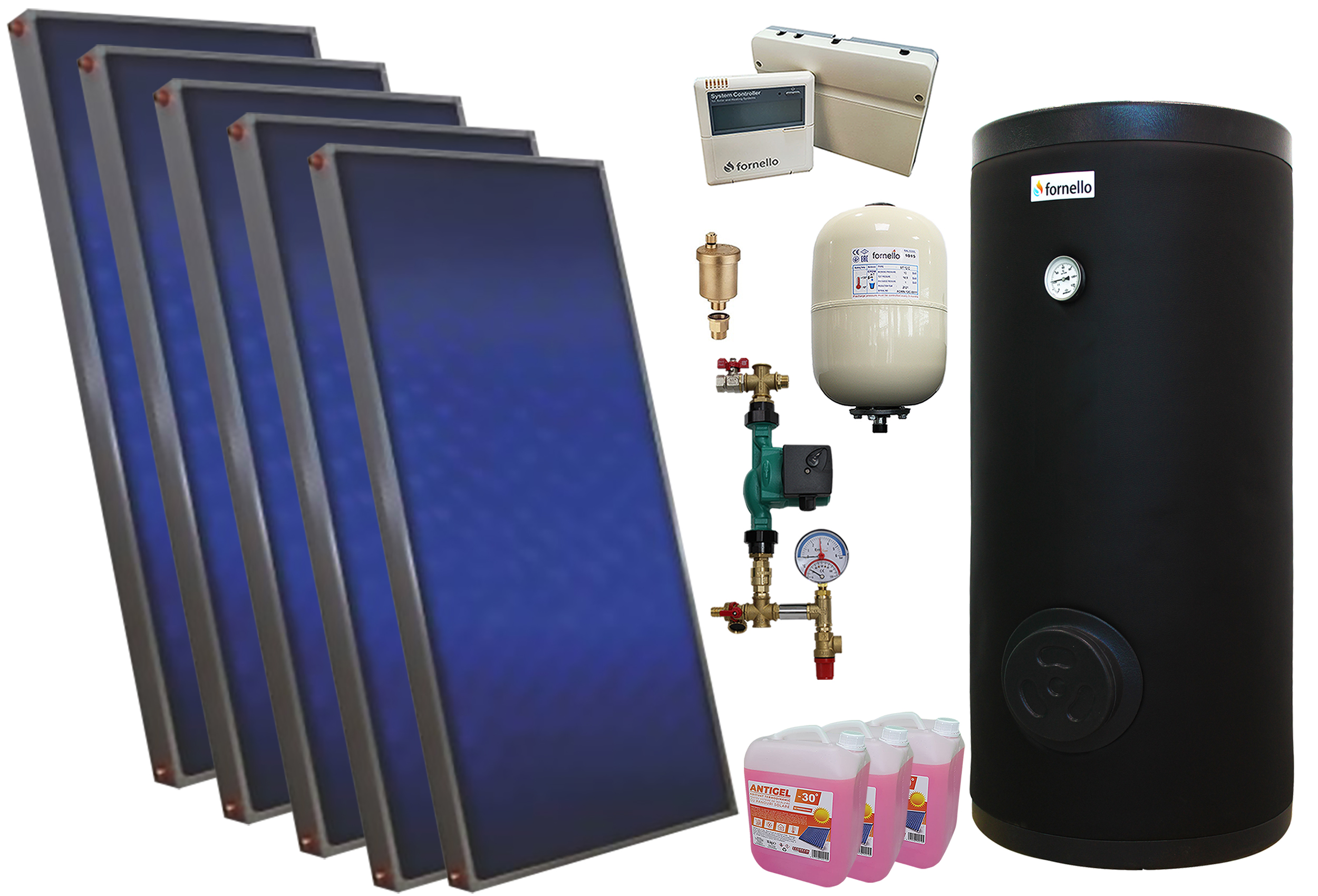 Pachet sistem solar presurizat, 5 panouri solare plane Sunsystem PК SL FP 2.0, Boiler cu 2 serpentine Fornello SOL 500 LT 2S, controller, vas expansiune, grup pompare, aerisitor 1/2, antigel