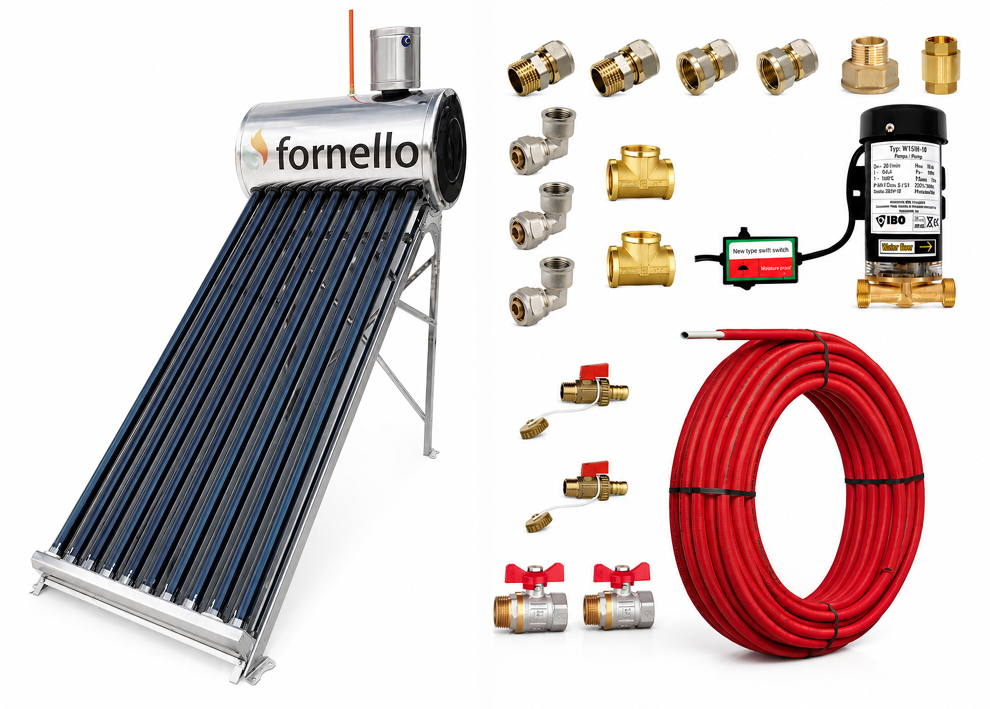 Pachet panou solar nepresurizat Fornello pentru producere apa calda, cu rezervor inox 82 litri, 10 tuburi vidate, vas flotor 5 litri, pompa ridicare presiune, teava hidronix si fitinguri montaj