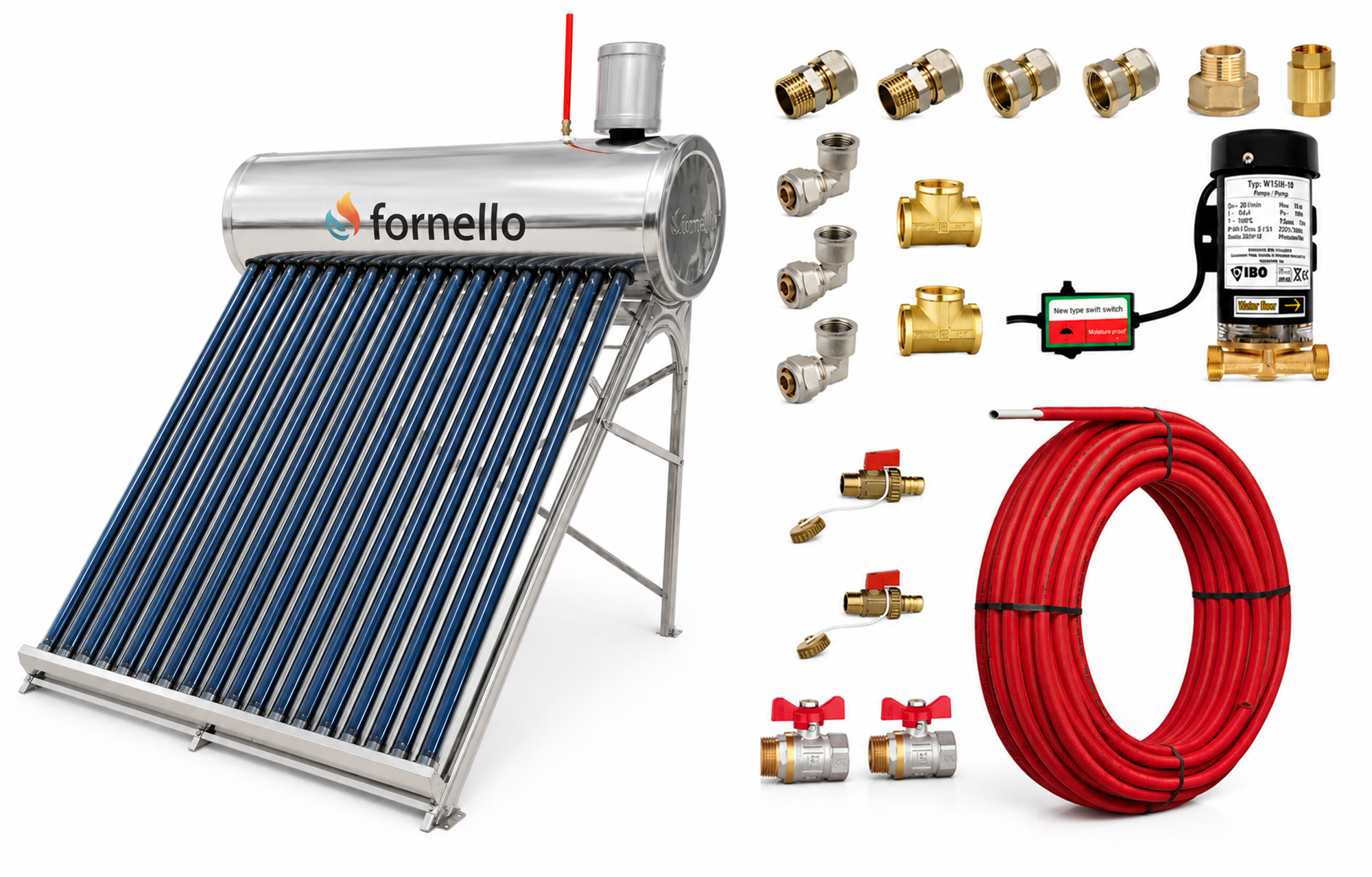 Pachet panou solar nepresurizat Fornello pentru producere apa calda, cu rezervor inox 150 litri, 18 tuburi vidate, vas flotor 5 litri, pompa ridicare presiune, teava hidronix si fitinguri montaj