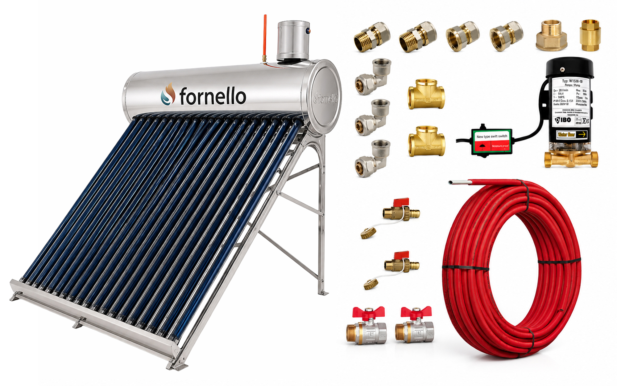 Pachet panou solar nepresurizat Fornello pentru producere apa calda, cu rezervor inox 165 litri, 20 tuburi vidate, vas flotor 5 litri, pompa ridicare presiune, teava hidronix si fitinguri montaj
