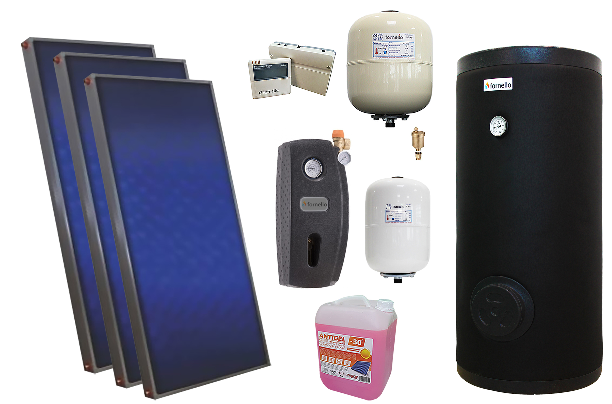 Pachet solar premium, presurizat, 3x panou plan Sunsystem PК SL FP 2.0, Boiler cu 2 serpentine Fornello SOL 300 LT 2S, controller, vas expansiune solar, vas expansiune sanitar, grup pompare Fornello (pompa OHI), aerisitor 1/2, antigel