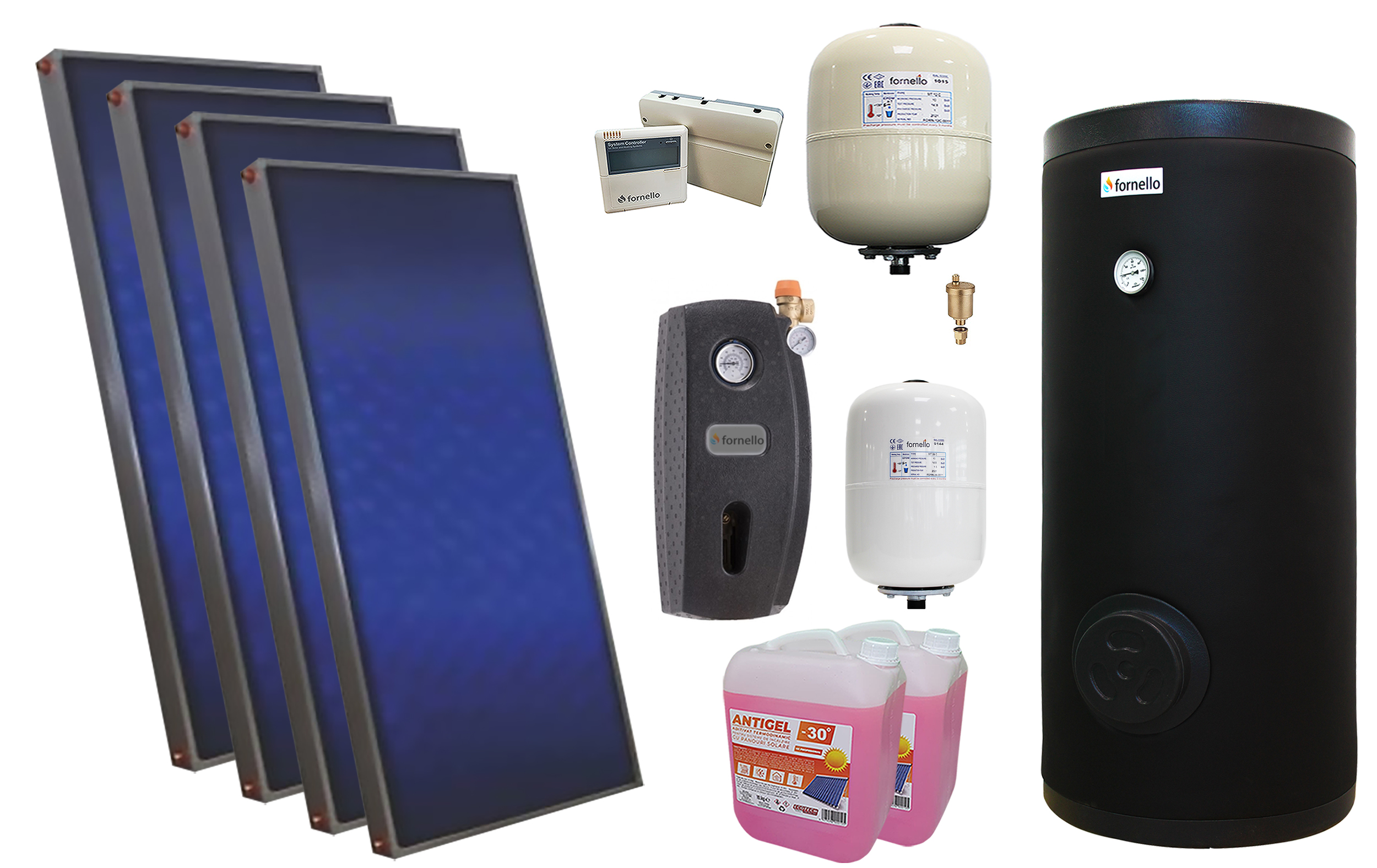 Pachet solar premium, presurizat, 4x panou plan Sunsystem PК SL FP 2.0, Boiler cu 2 serpentine Fornello SOL 300 LT 2S, controller, vas expansiune solar, vas expansiune sanitar, grup pompare Fornello (pompa OHI), aerisitor 1/2, antigel
