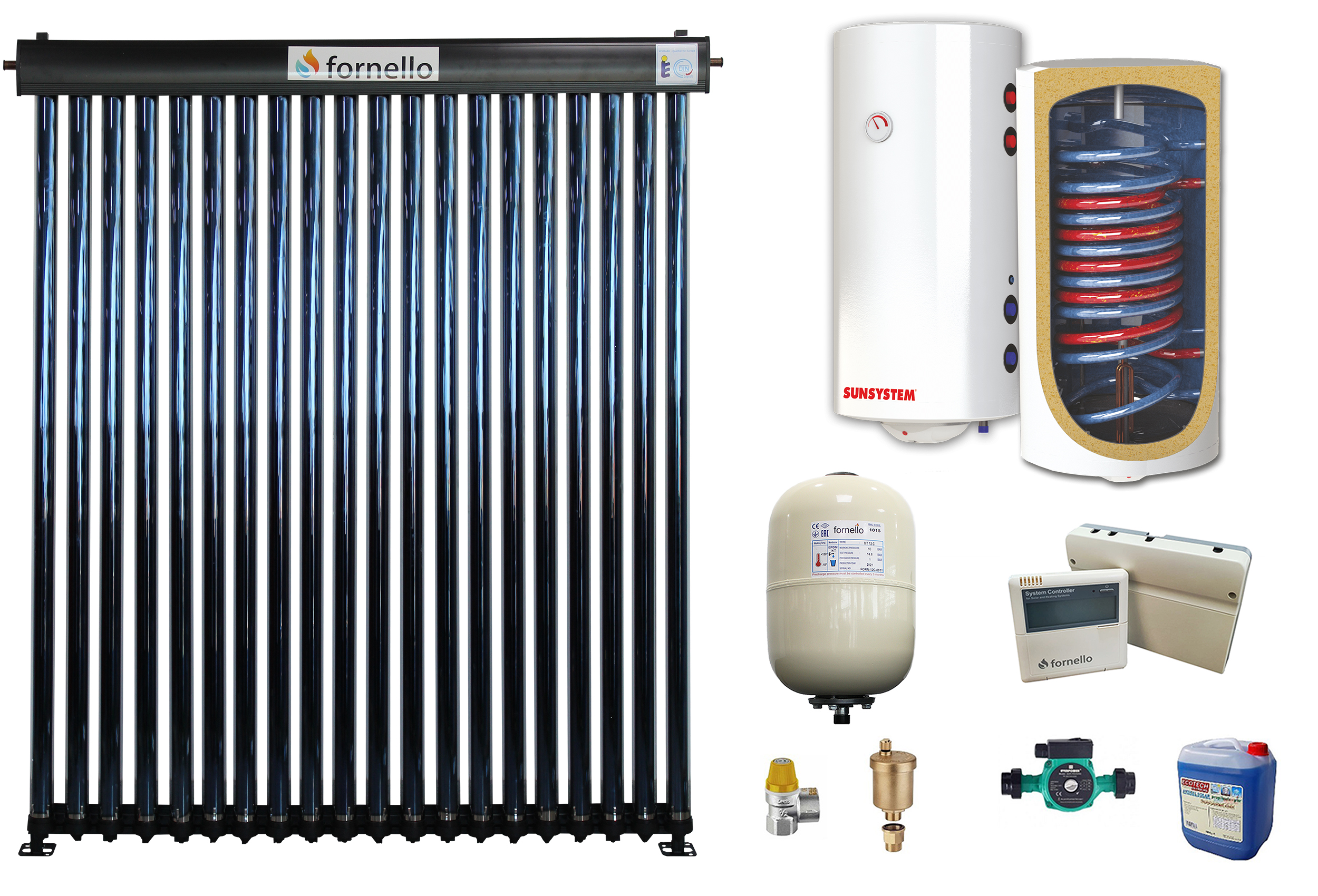 Sistem solar presurizat, panou Fornello 20 Tuburi Heat Pipe, boiler cu 2 serpentine si rezistenta electrica Sunsystem BB NL2 150 PRL, pompa 25-60, controller, vas expansiune, antigel, supapa 1/2, aerisitor 1/2