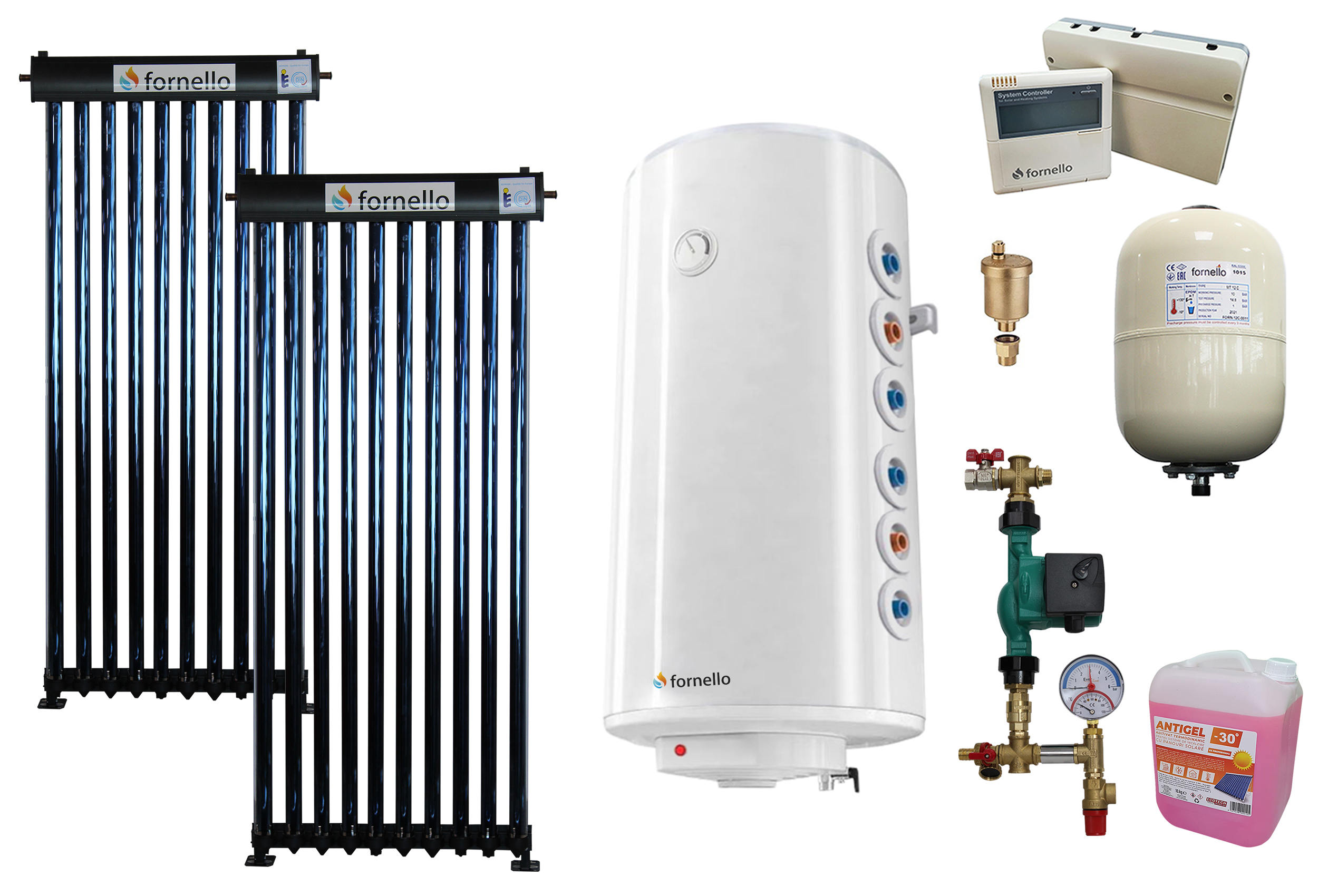 Pachet solar presurizat, panou Fornello 20 Tuburi Heat Pipe, Boiler cu 2 serpentine Fornello Optima GCV7/4S 150 l, controller, vas expansiune, grup pompare, aerisitor 1/2, antigel