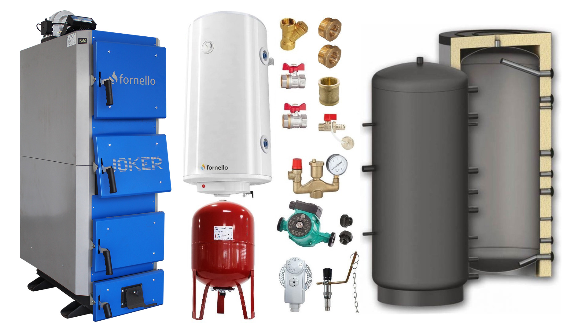 Pachet Cazan (centrala) pe combustibil solid, (lemn, carbune), Fornello Joker 55 kW, Puffer 1000 litri, Boiler, Vas Expansiune, Pompa, Fitinguri Montaj