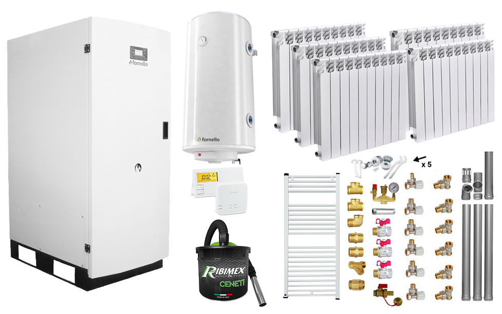 Pachet Centrala termica pe peleti Fornello GT 35 Standard, 35 KW, pompa circulatie, vas expansiune, calorifere aluminiu Fornello Alvo, boiler, kit evacuare, termostat, aspiratior, manometru, fitinguri, curatare mecanica arzator si schimbato