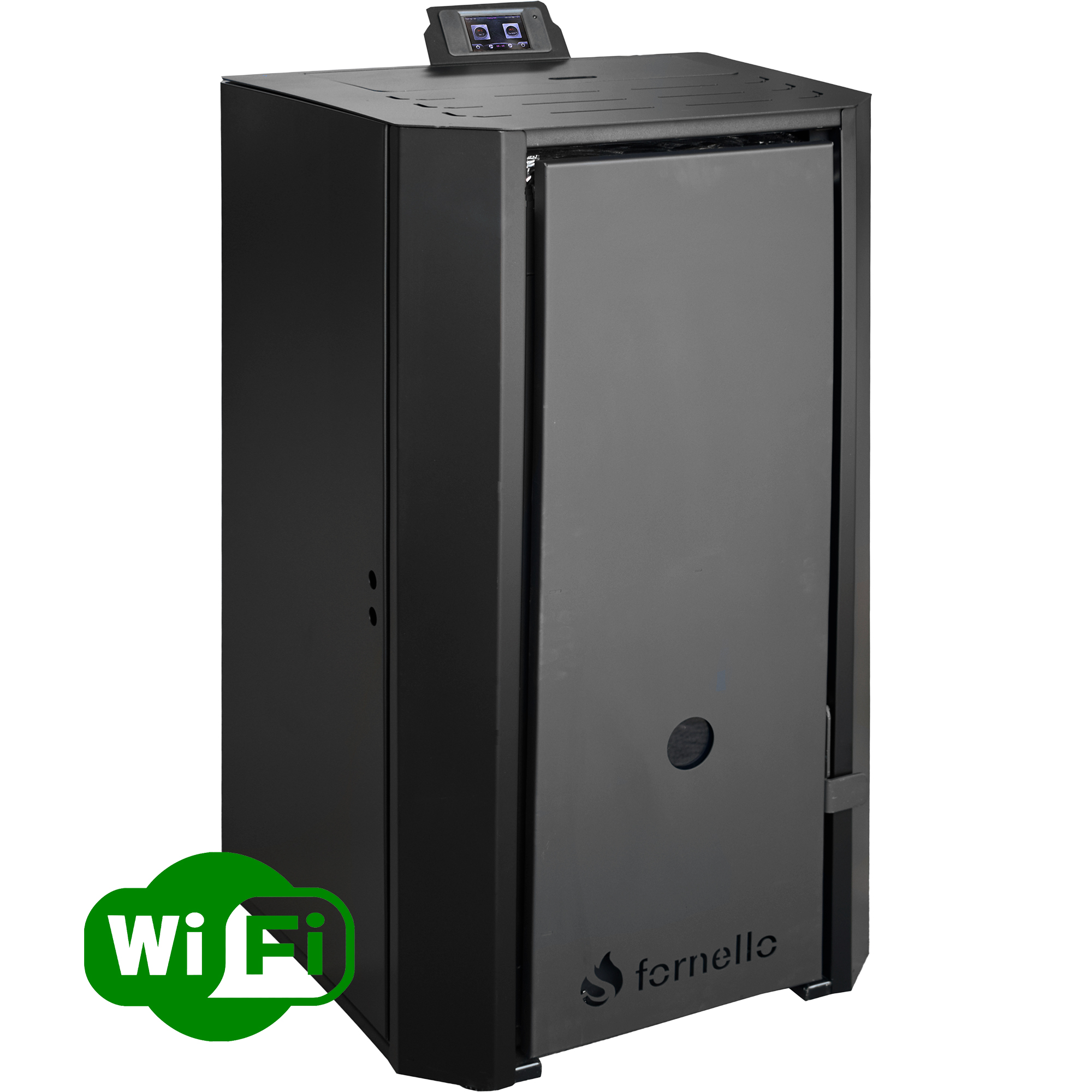 Centrala pe peleti Fornello EVA B Black 25 KW, pompa circulatie, vas expansiune, Grup siguranta, WI-FI, buncar, tiraj fortat, recomandat pentru 160 mp, Negru