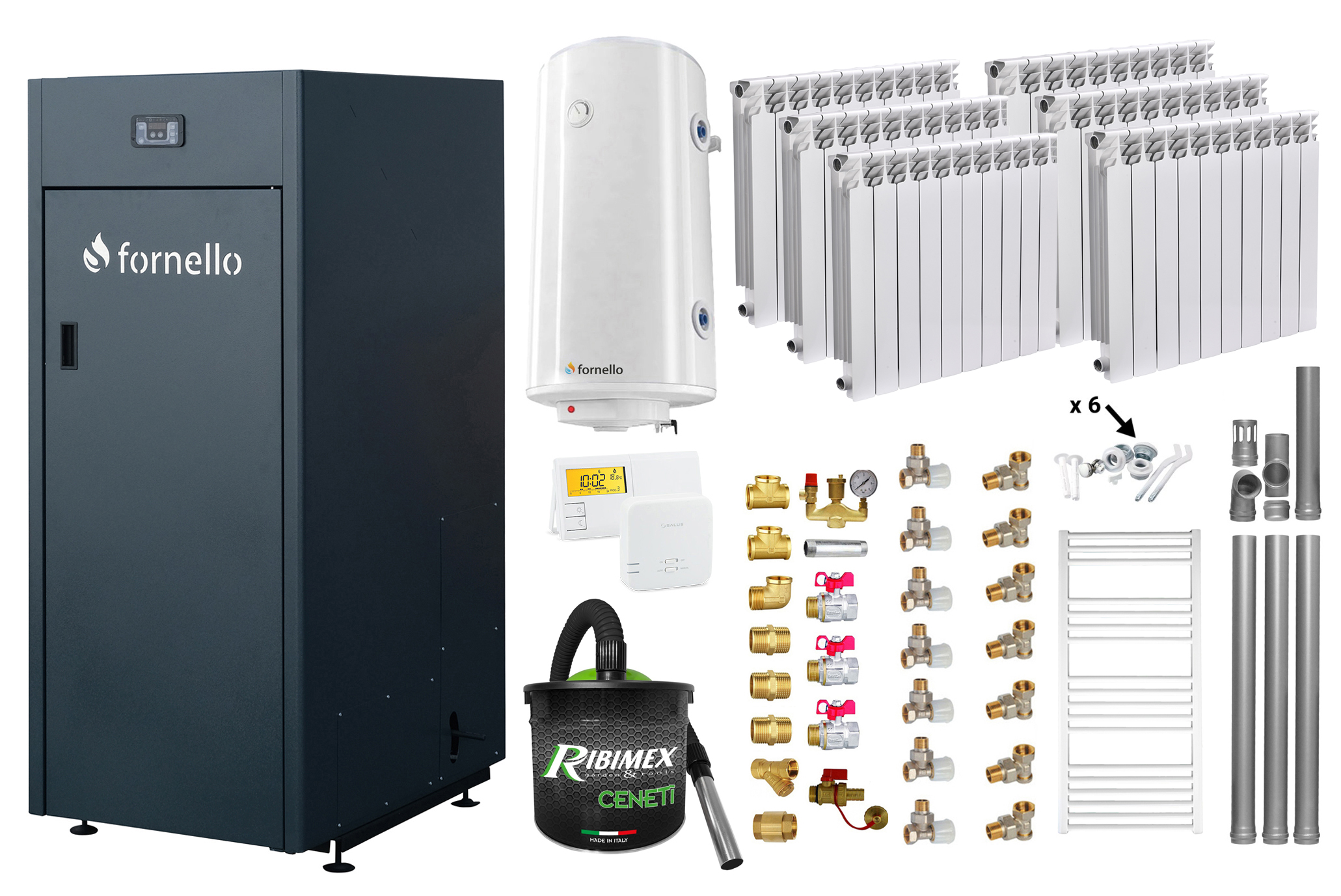 Pachet Centrala pe peleti Fornello King Plus 25 KW, calorifere aluminiu, boiler, termostat, aspirator, kit evacuare, fitinguri, pompa de circulatie, vas de expansiune, supapa de siguranta, automatizare, rezervor pentru peleti 100 kg, creuze